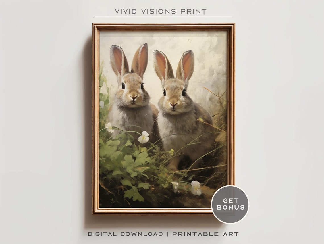 Two Rabbits White Wildflowers Spring Meadow Vintage Animal Poster
