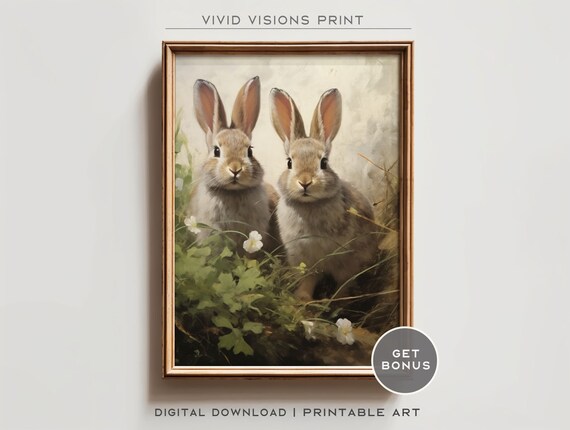 Two Rabbits White Wildflowers Spring Meadow Vintage Animal Poster