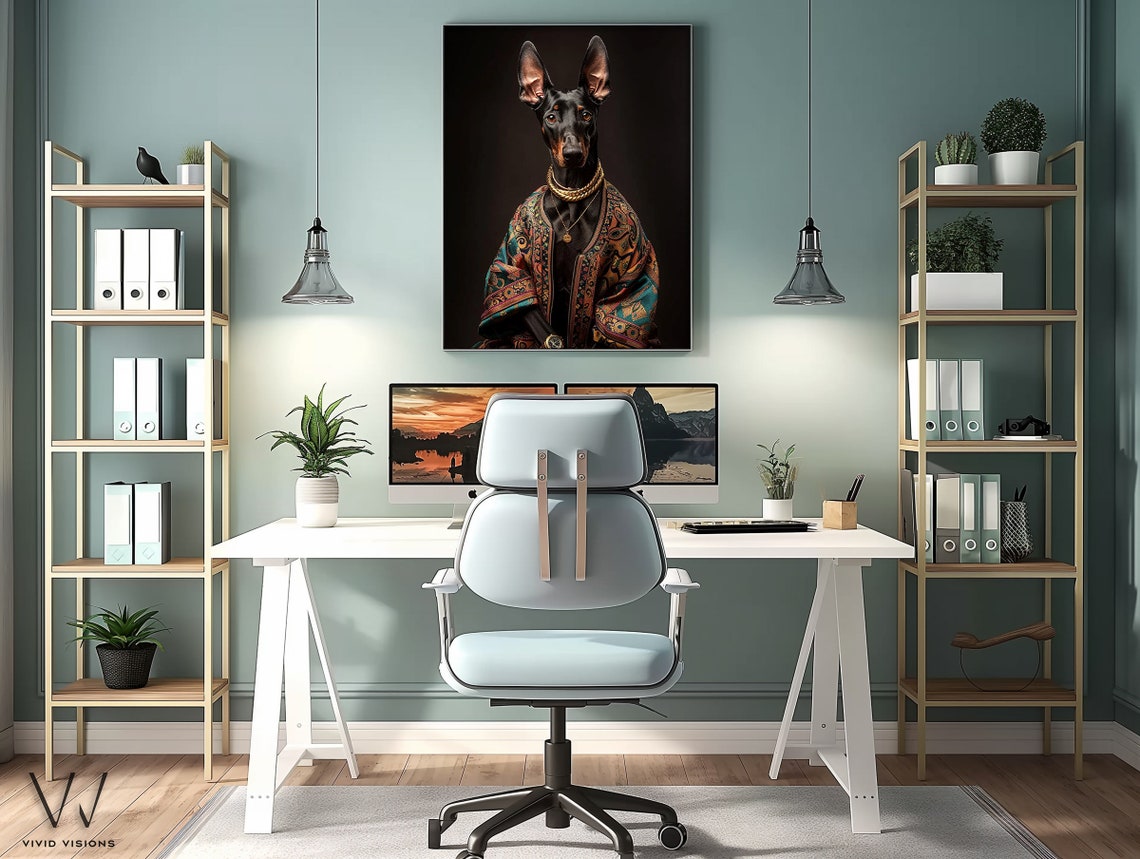 Elegant Doberman In Teal Paisley Jacket Gold Jewelry Art Poster - Image 3