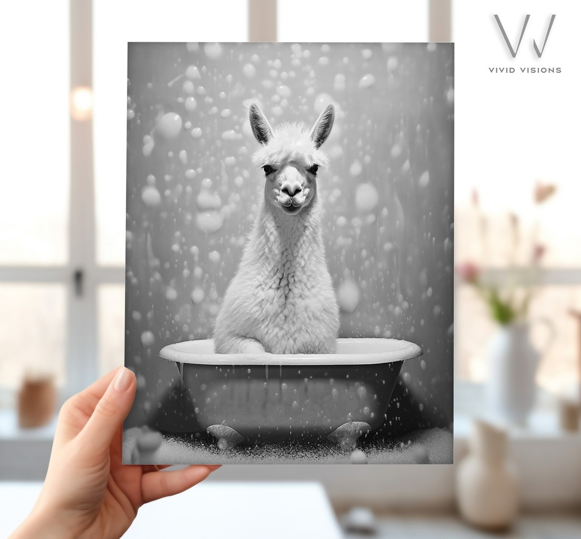 Llama Bubble Bath Black White Funny Animal Bathroom Wall Art - Image 4