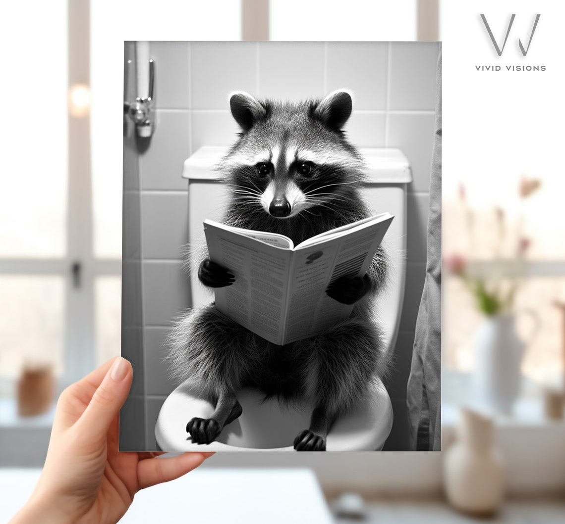 Raccoon Reading on the Toilet Cute Black and White Bathroom Poster - Image 4