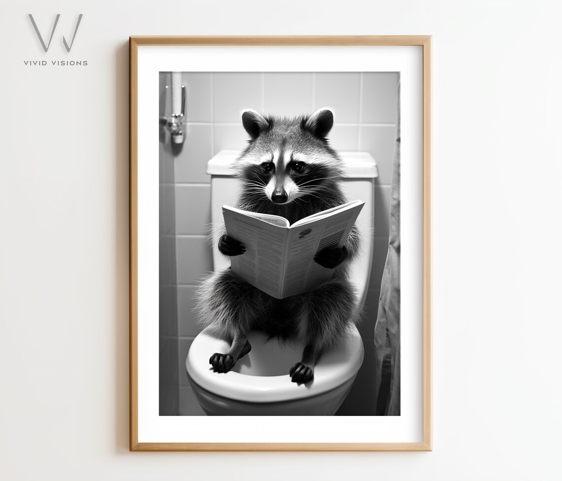 Raccoon Reading on the Toilet Cute Black and White Bathroom Poster