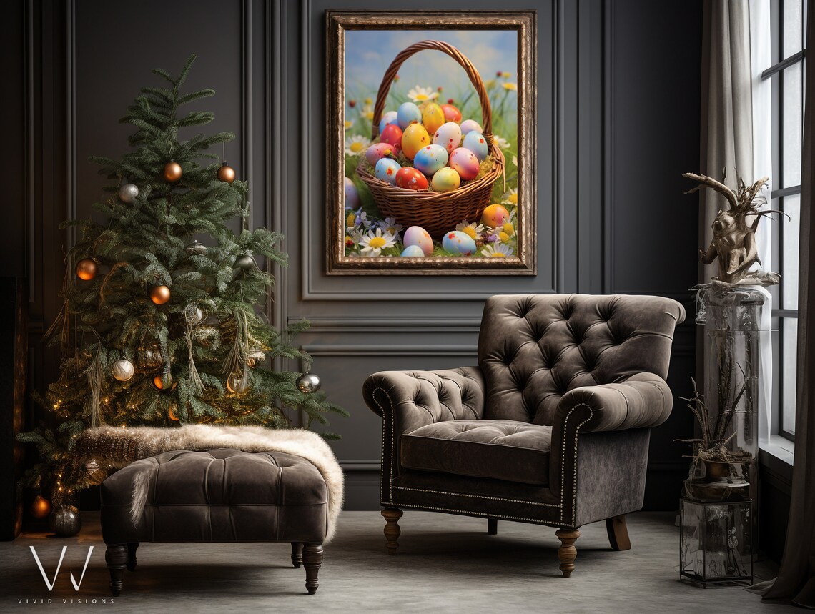 Wicker Basket of Painted Easter Eggs in a Daisy Meadow Poster - Image 3