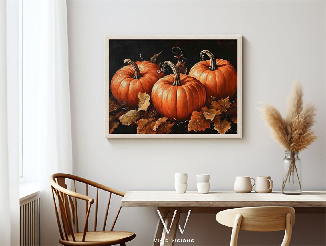 Orange Pumpkin Trio with Curly Vines Dark Rustic Autumn Still Life Print - Image 4