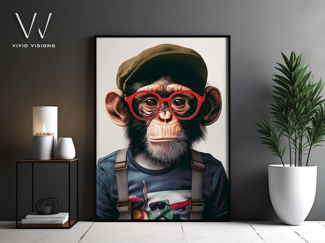 Young Chimp in Olive Cap Red Glasses Suspenders Adorable Poster