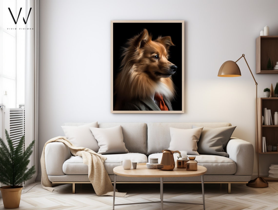 Fluffy Red Dog in Gray Suit Red Tie Profile Portrait Elegant Poster - Image 4