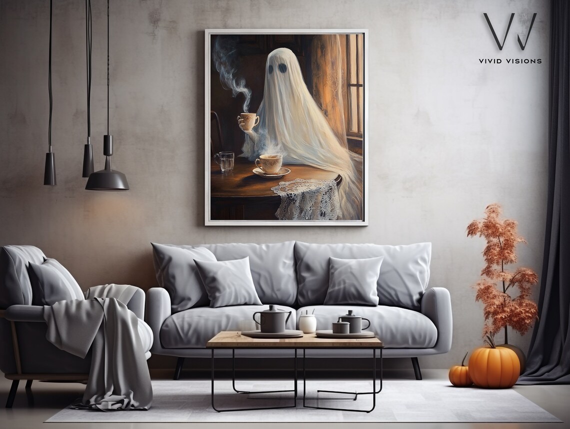 Ghost Sipping Hot Tea By The Window Poster Cozy Vintage Halloween Art - Image 3