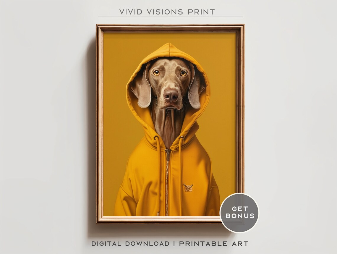 Weimaraner Dog in Yellow Hoodie Cozy Golden Pet Portrait Poster