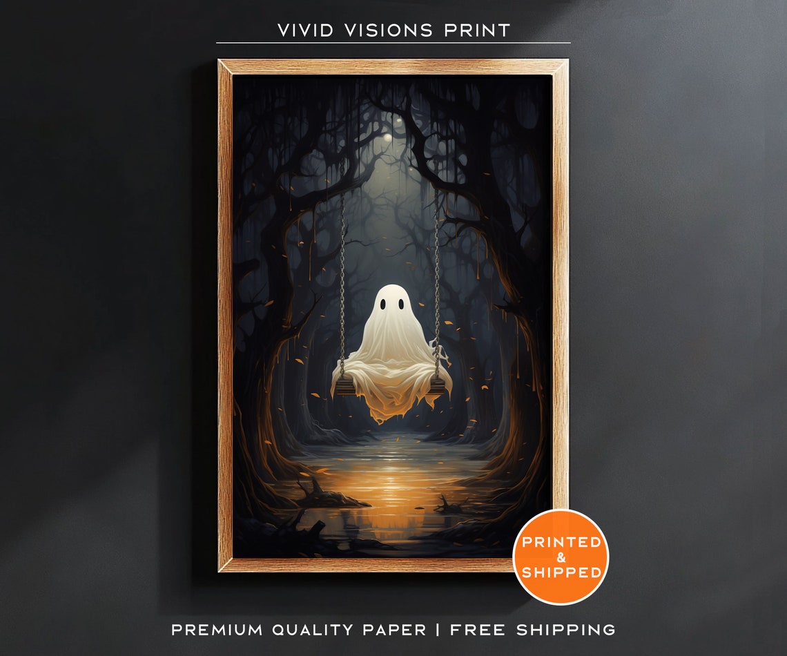 Cute Ghost On A Swing In A Spooky Moonlit Forest Halloween Poster Art