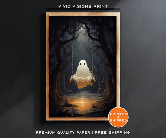 Cute Ghost On A Swing In A Spooky Moonlit Forest Halloween Poster Art