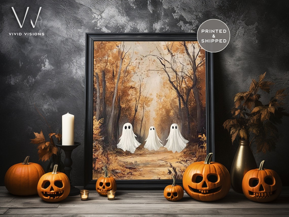 Tiny Ghosts Wandering An Autumn Woodland Trail Poster Fall Wall Decor - Image 3