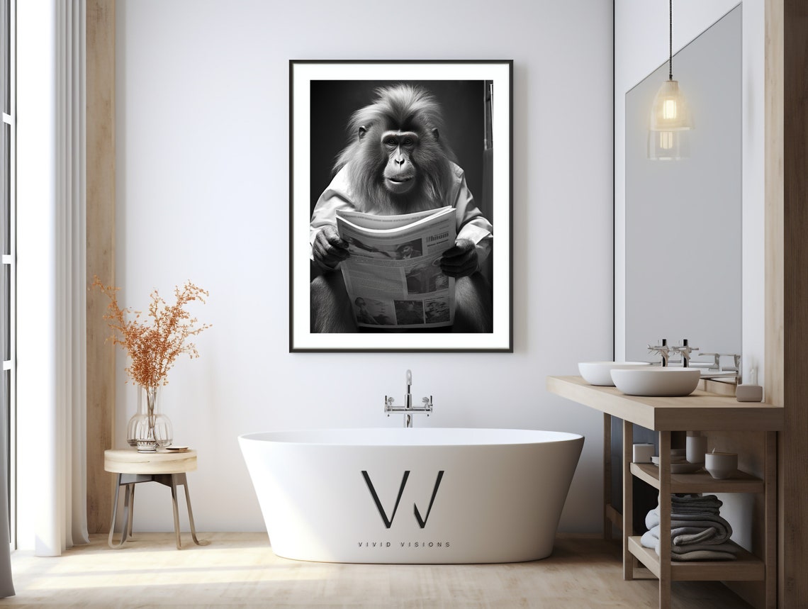 Distinguished Monkey in White Shirt Reading Newspaper Portrait Poster - Image 3