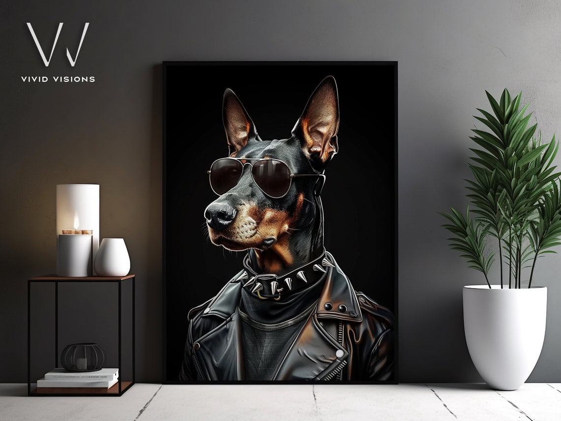 Doberman in Leather Jacket Spiked Collar Aviator Sunglasses Poster