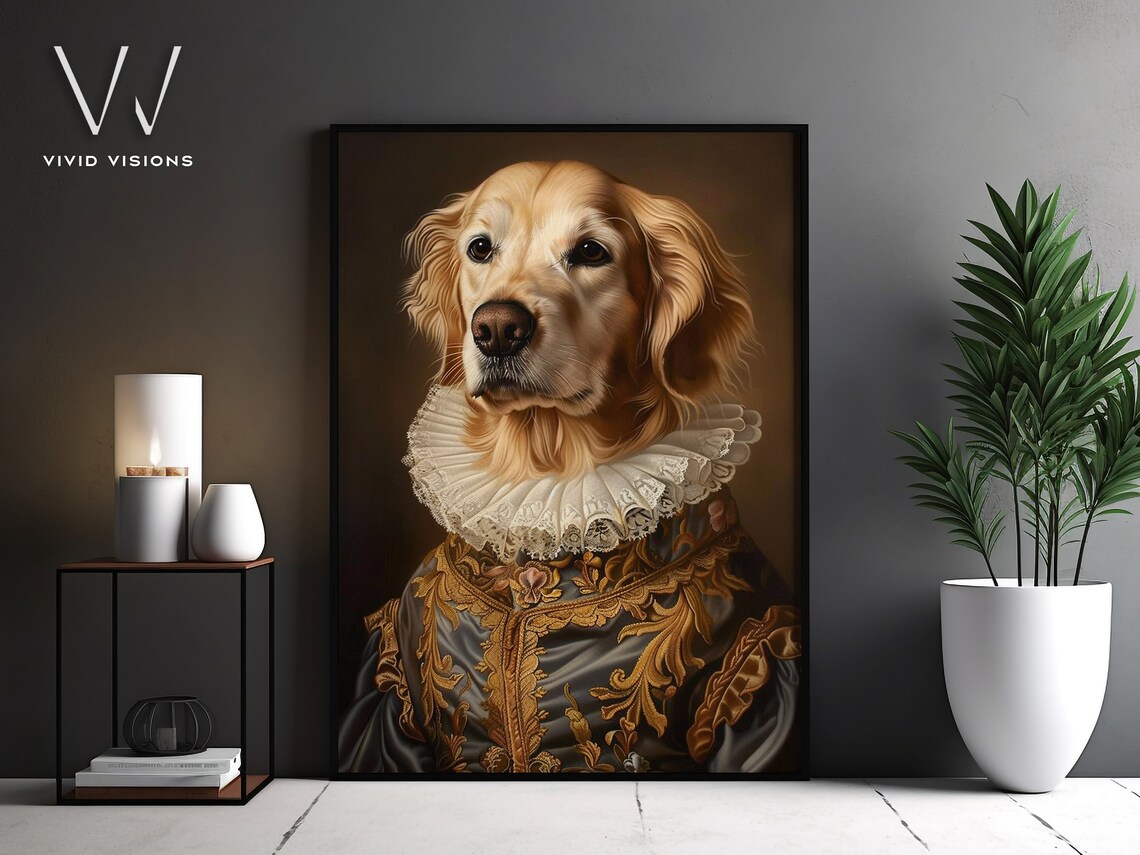 Golden Retriever Renaissance Portrait Lace Ruff Royal Gown Poster