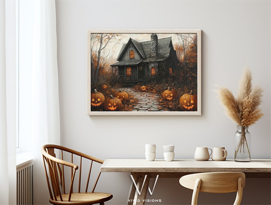 Rustic Cottage with Jack O Lanterns on Cobblestone Path Halloween Poster - Image 4