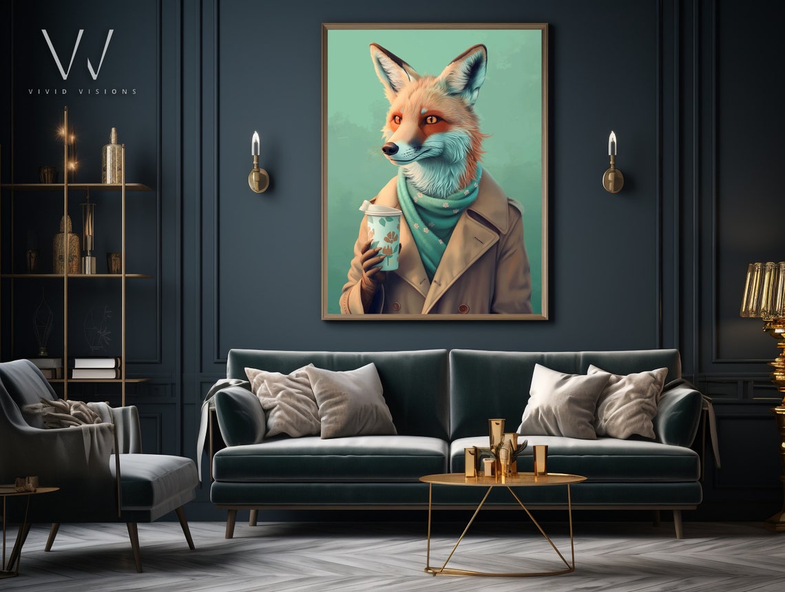 Fox in Trench Coat Holding Coffee Cup Teal Scarf Stylish Art Poster - Image 4