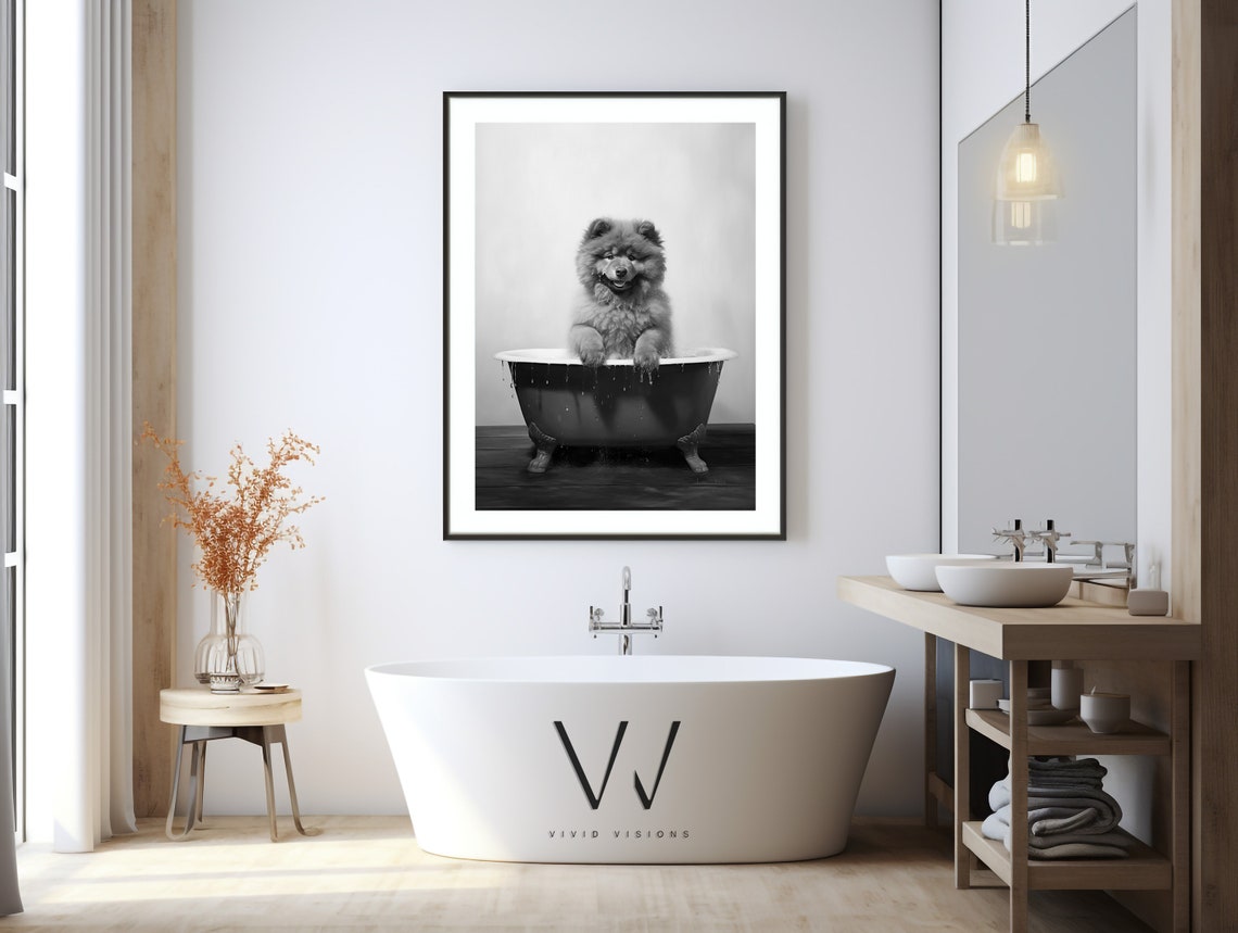 Chow Chow Puppy in Vintage Bathtub Black White Bathroom Poster - Image 3