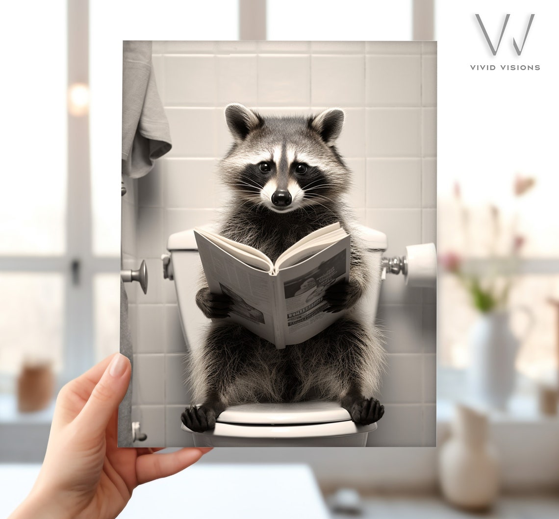 Funny Raccoon Reading a Newspaper on the Toilet Bathroom Poster - Image 4