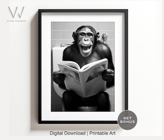 Laughing Monkey Reading the Paper on the Toilet Funny Poster