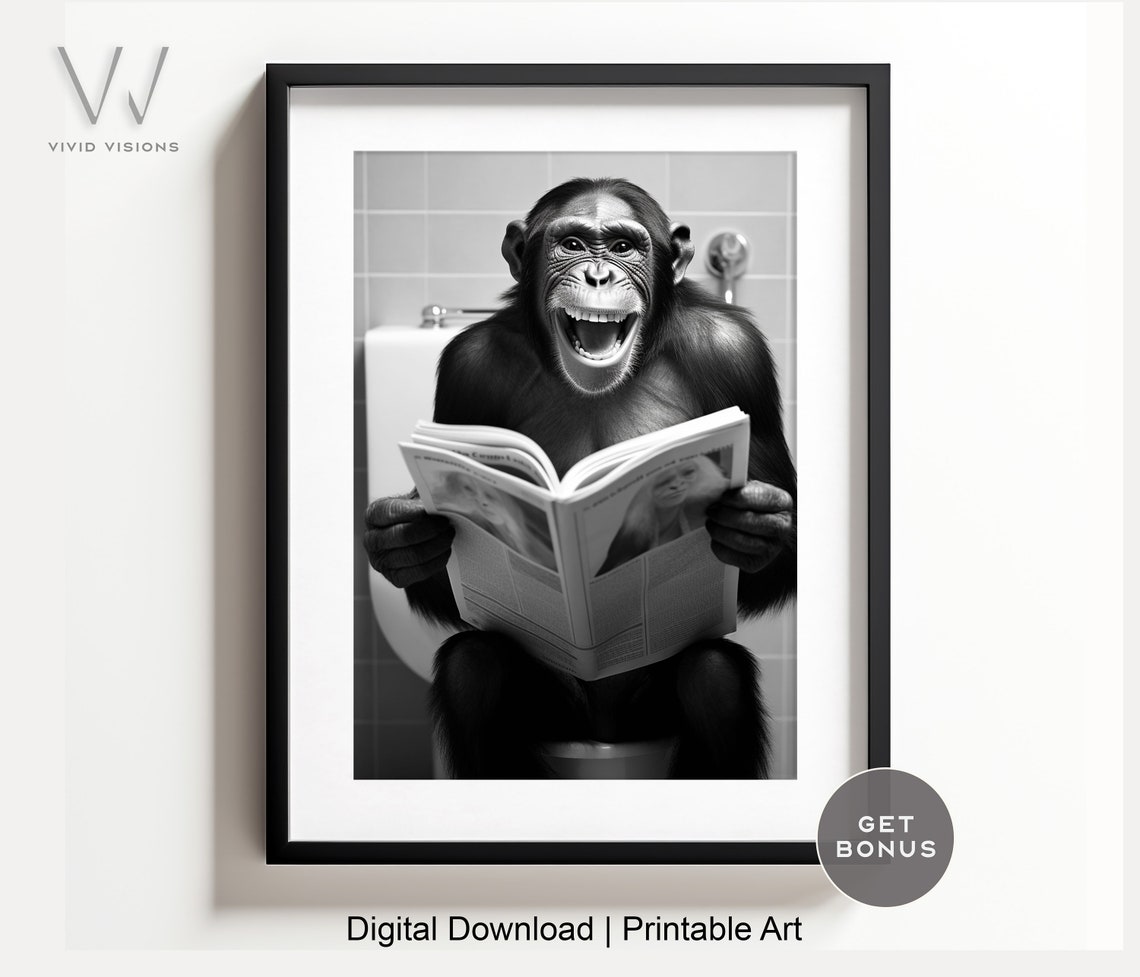 Laughing Monkey Reading the Paper on the Toilet Funny Poster