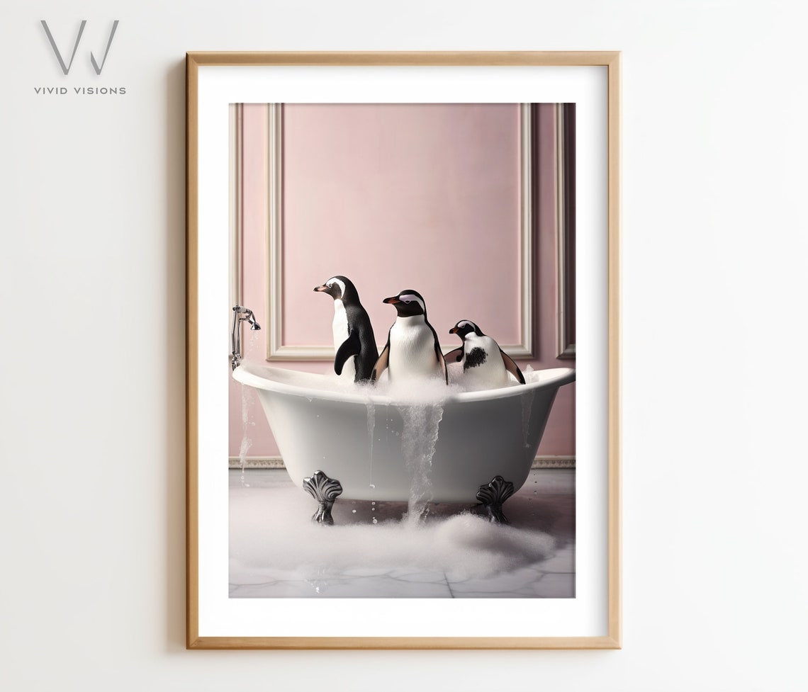 Three Happy Penguins Splashing in a Pink Bathroom Bubble Bath Poster