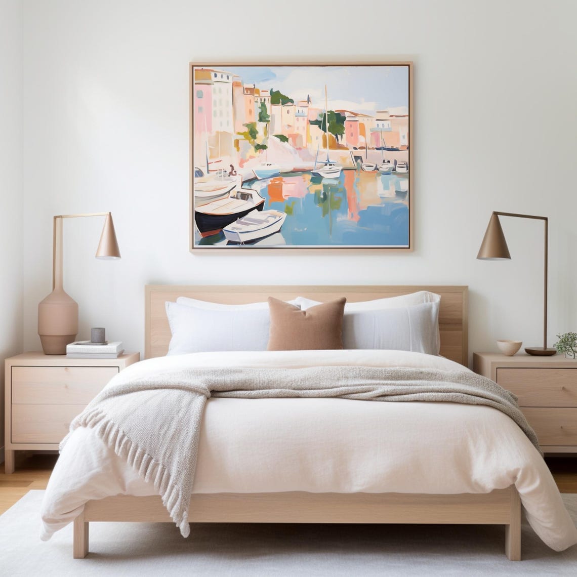 Colorful Mediterranean Harbor Boats Pastel Seaside Painting Poster - Image 2