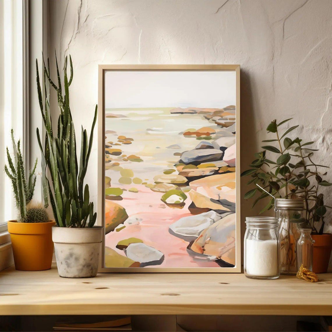 Coastal Abstract Rocky Beach Pink Shore Sunset Glow Wall Art - Image 4