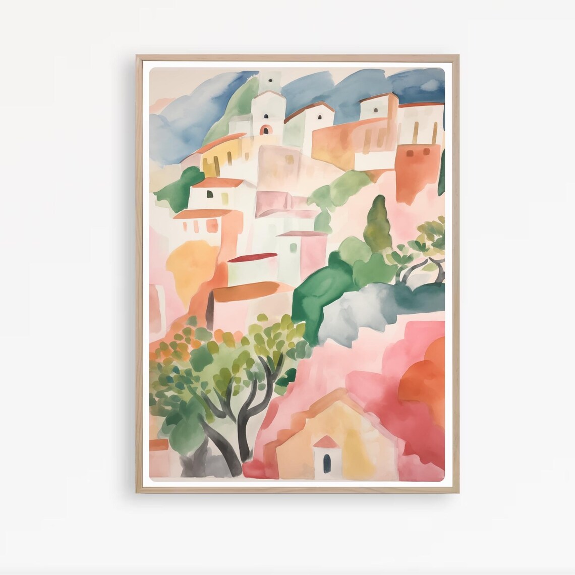Capri Italian Hill Village Watercolor Painting Pastel Houses Poster - Image 4
