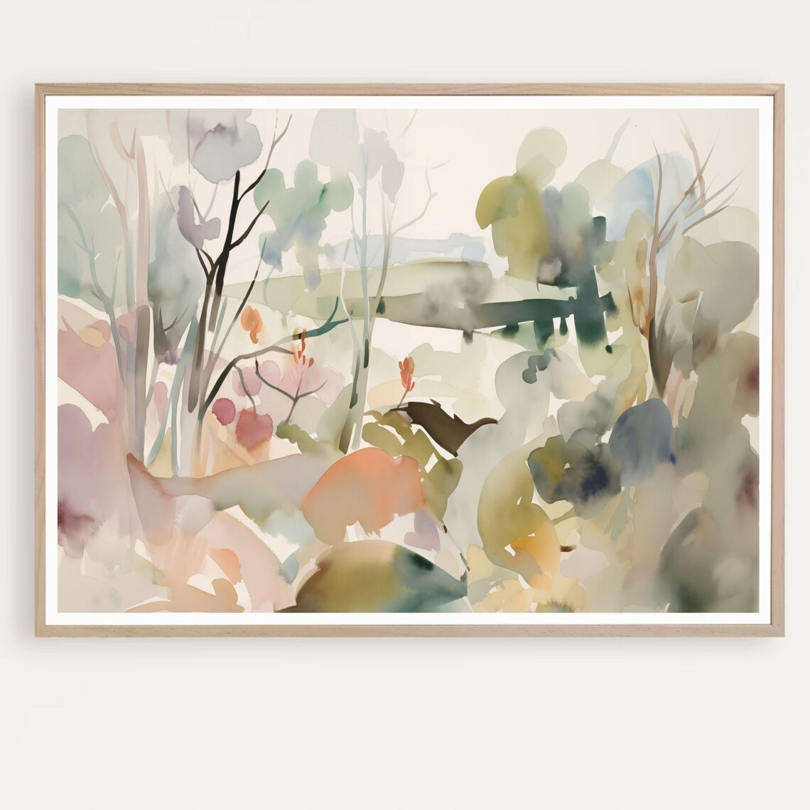 Soft Watercolor Woodland Abstract Painting Sage Peach Botanical Poster
