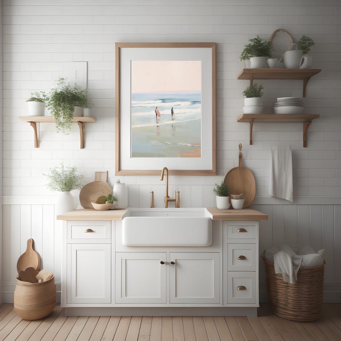 Two Surfers Walking Into The Ocean Pastel Watercolor Beach Poster - Image 2