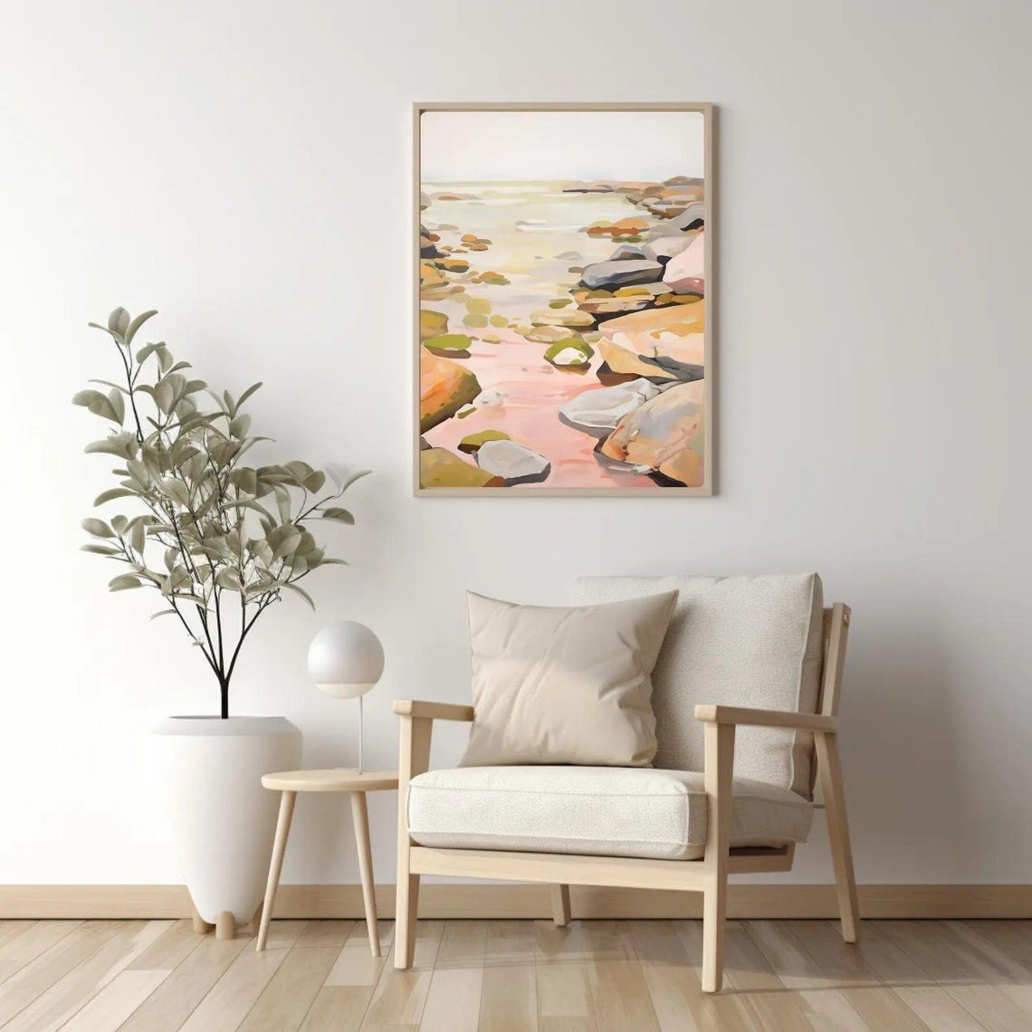 Coastal Abstract Rocky Beach Pink Shore Sunset Glow Wall Art - Image 3