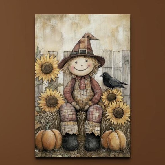 Vintage Scarecrow Doll With Sunflowers Crow and Pumpkins for Fall Decor Poster