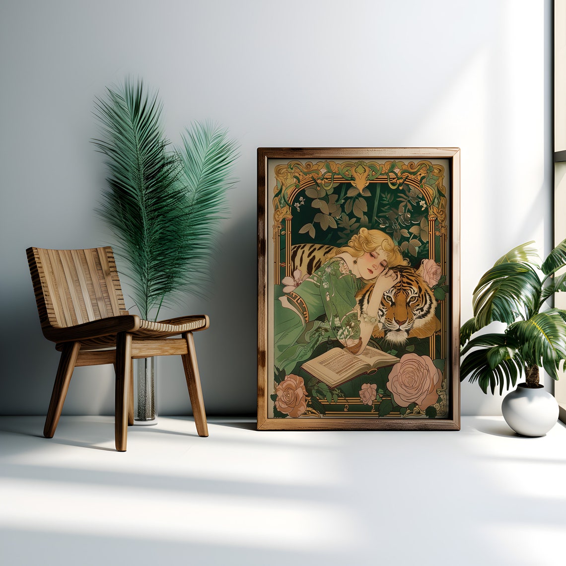 Timeless Hollywood Regency Vintage Woman And Tiger Art Print - Image 2