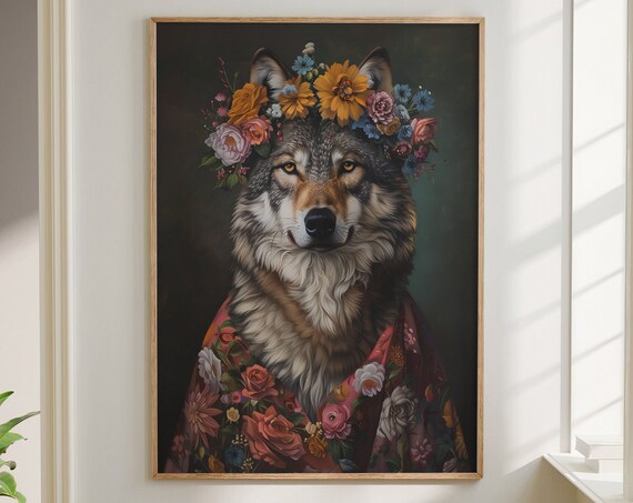 Wolf Flower Crown Red Floral Robe Maximalist Animal Wall Art