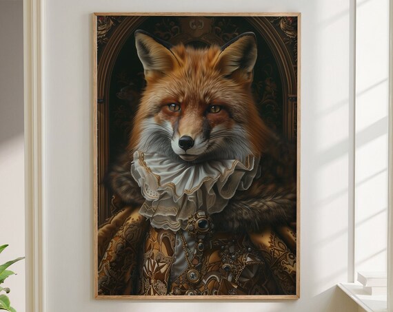 Red Fox Royal Renaissance Portrait Gold Brocade Ruff Wall Art