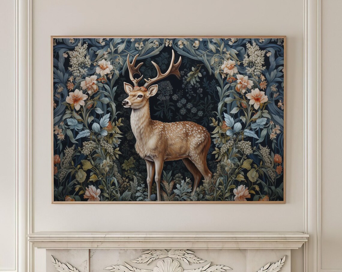 Stag with Antlers in Dark Navy Morris Floral Tapestry Art Print - Image 4