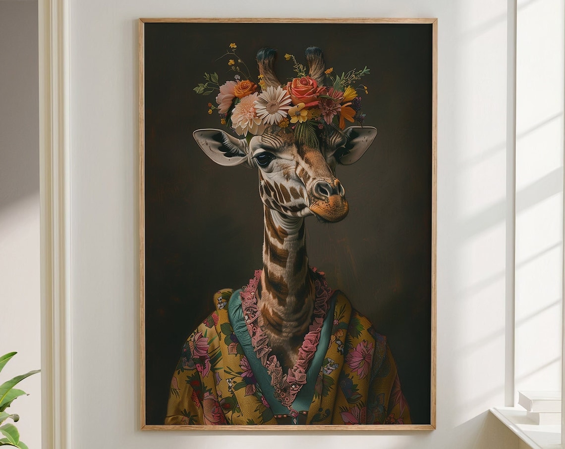 Giraffe with Flower Crown in Floral Kimono Style Robe Dark Portrait Poster