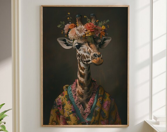 Giraffe with Flower Crown in Floral Kimono Style Robe Dark Portrait Poster