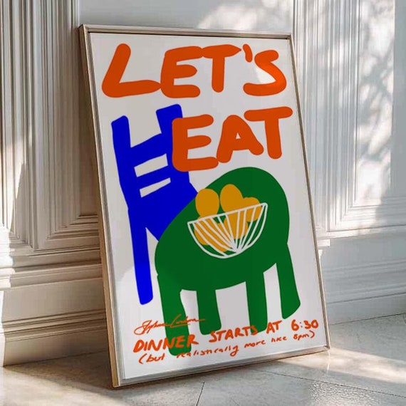 Lets Eat Poster Mid Century Modern Art Trendy Kitchen Prints Minimalistic Typography Colorful Wall Illustration