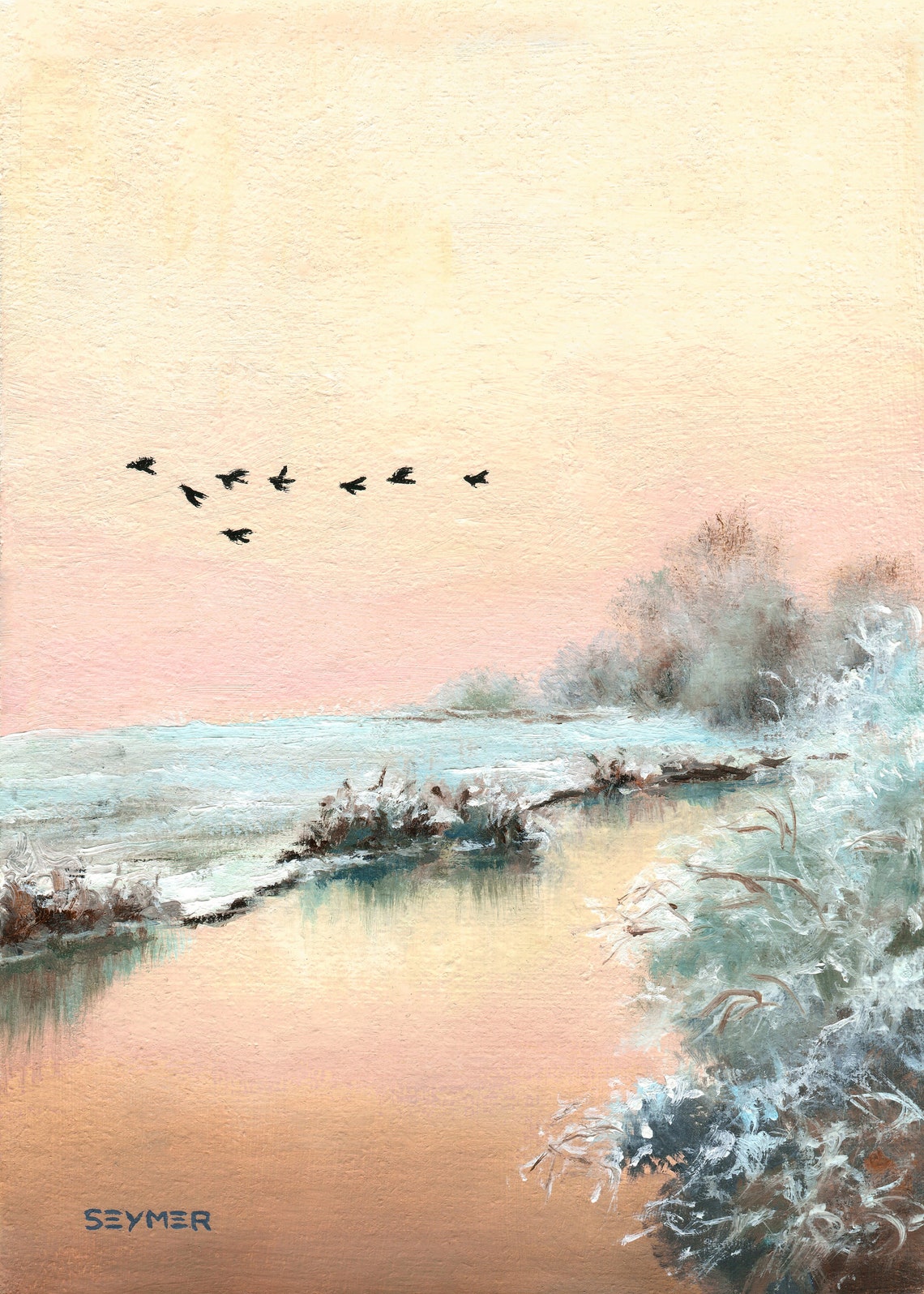 Winter Sunrise over a Frozen River with a Flock of Birds Poster - Image 6