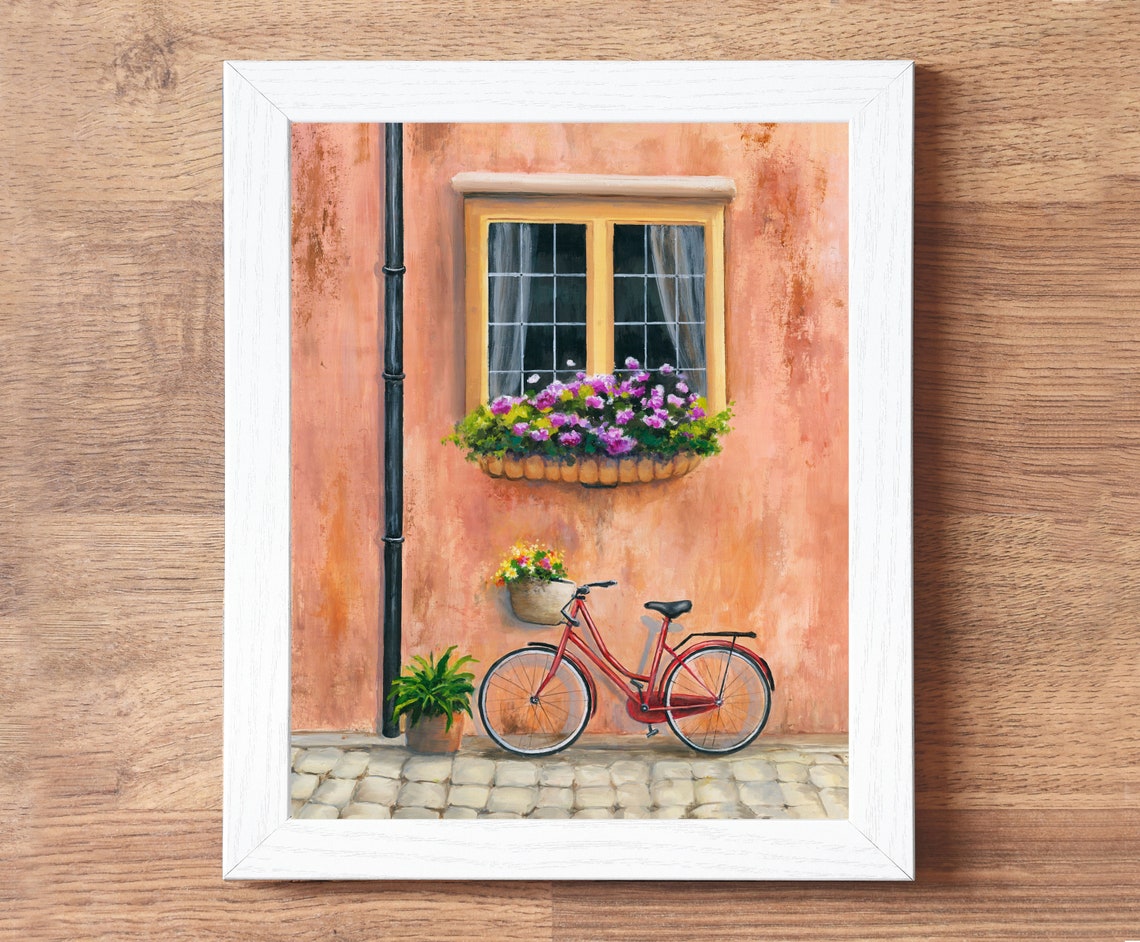 Red Vintage Bicycle with a Flower Basket by a Terracotta Wall Poster - Image 4