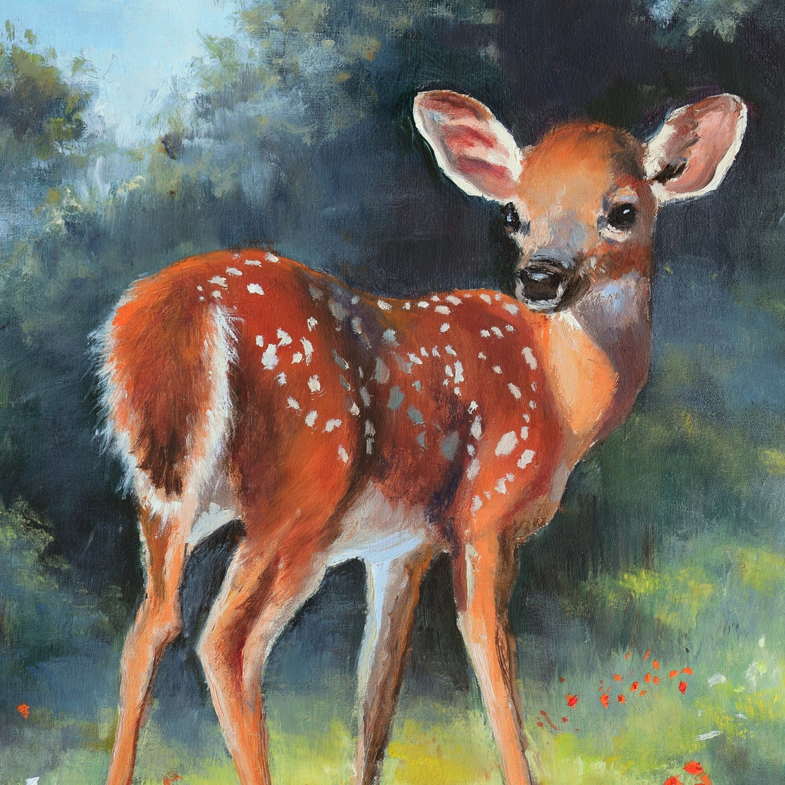 Spotted Baby Fawn Standing Alert in a Peaceful Sunlit Forest Poster - Image 6