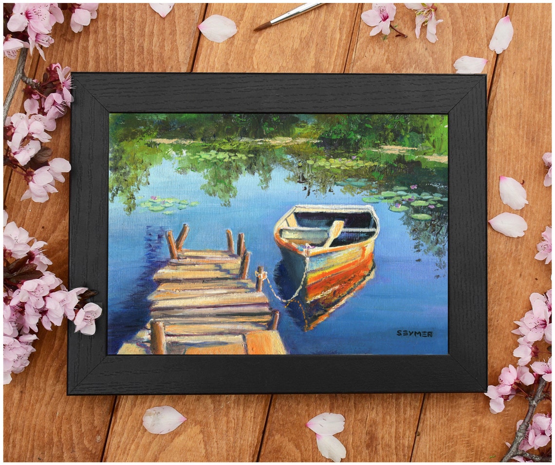 Boat On A Wooden Pier Original Painting Water Lilies Blue Lake Fishing Rowing Boat Nautical Summer Scene Calme Boat Art Lake House Decor - Image 5
