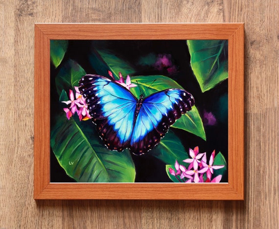 Vibrant Butterfly Original Artwork Framed Blue Butterfly Oil Painting Colourful Spring Floral Wall Art Fairytale Cottagecore Nursery Decor