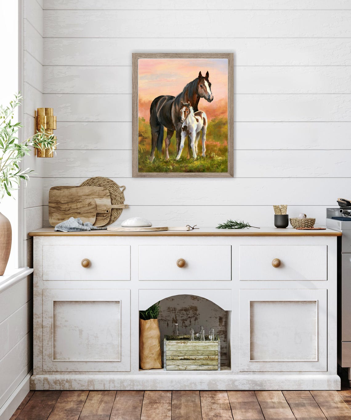Equestrian Art Print Mare And Foal Oil Painting Warm Landscape Soft Sunset Tones Rural Farmhouse Life Horse Art Gift For Animal Lovers - Image 3