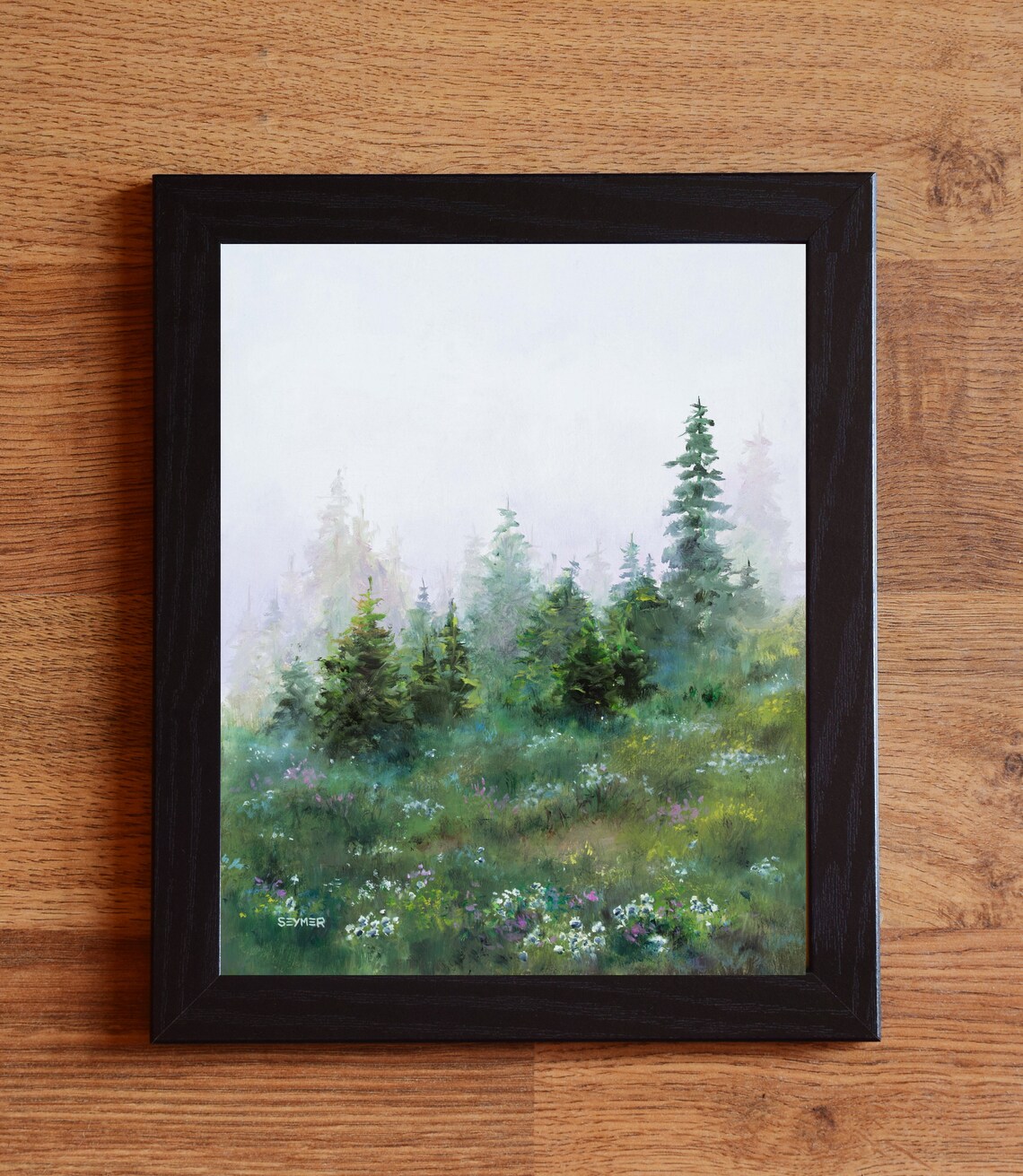 Misty Foggy Pine Forest Landscape Oil Painting Soft Green Tones Poster - Image 5