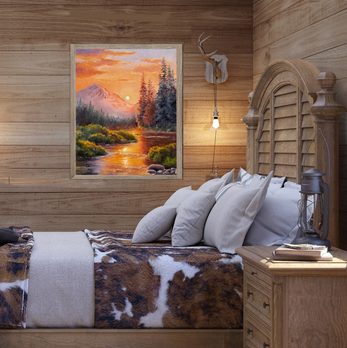 Mountain Scenery Oil Painting Print Warm Landscape Mountain River Wall Art Golden Sky Artwork Rustic Home Gift Enchanted Fairy Forest - Image 2