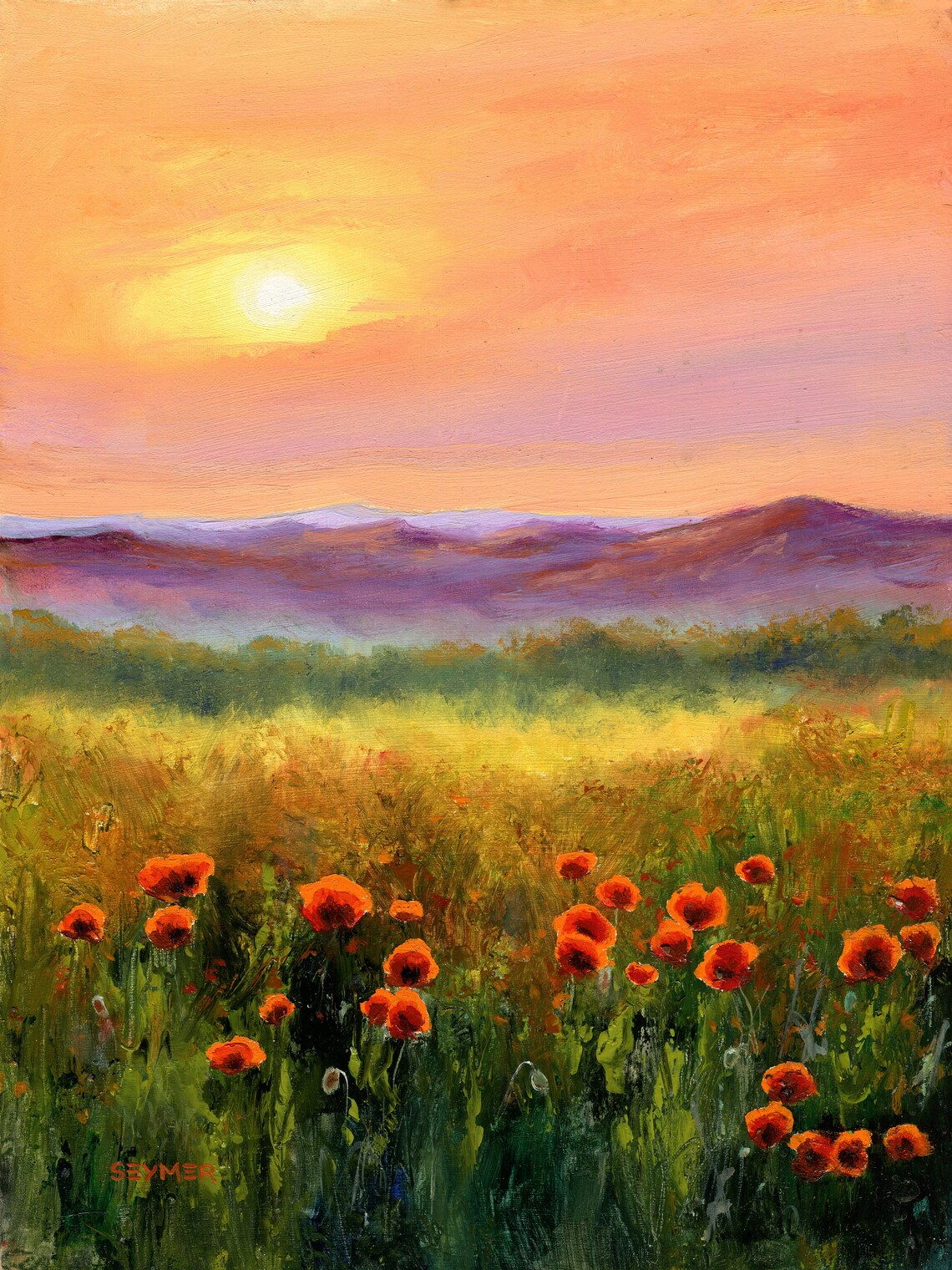 Vibrant Red Poppy Field at Sunset with Purple Mountain Views Poster