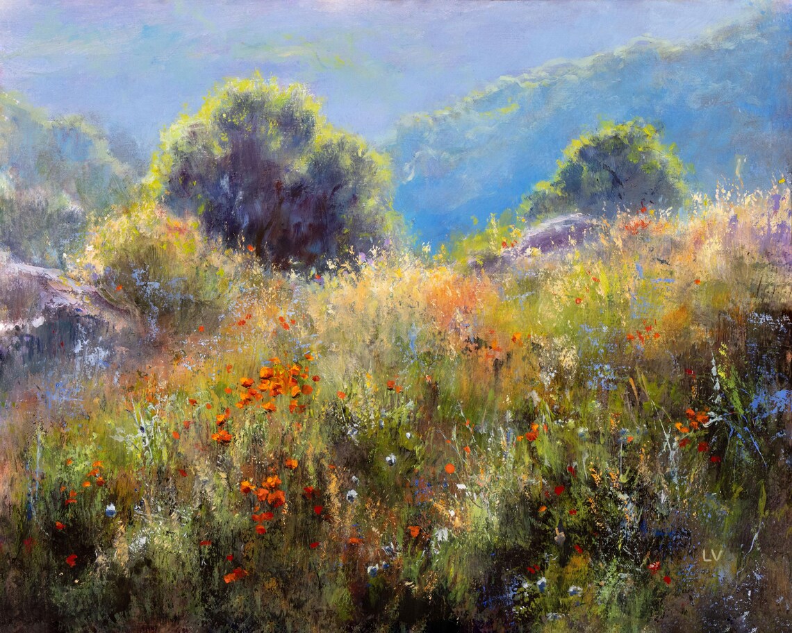 Wildflower Meadow Below Blue Mountains Oil Painting Nature Poster