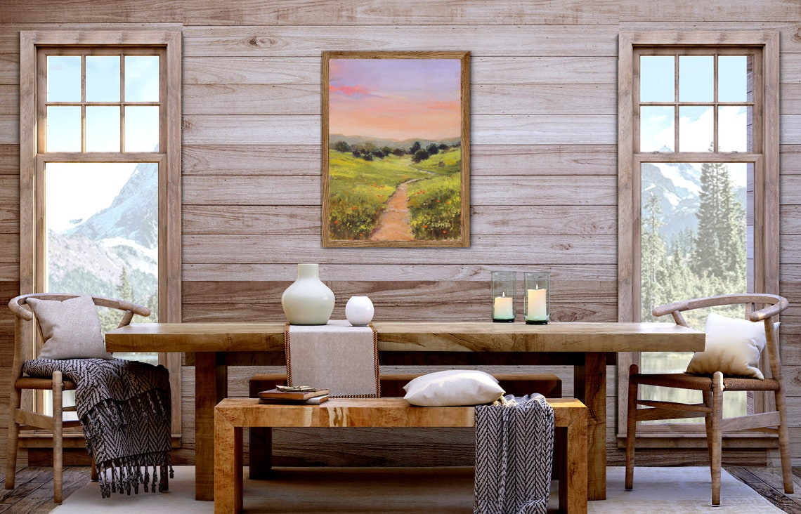 Country Path Painting Meadow Landscape Artwork Sunrise Oil Painting Pink Sky Art Small Artwork For Country Living Room Brown Framed Art - Image 5